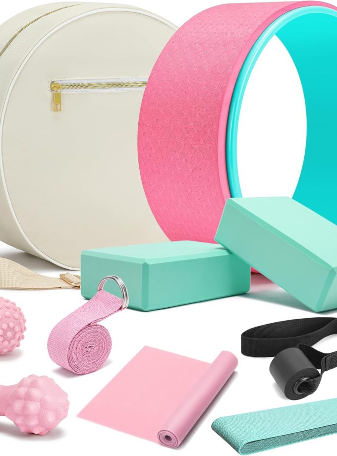 Yoga Wheel Set, Yoga Wheel For Back Pain & Stretching, Yoga Blocks 2 Pack With Strap, Deep Tissue Relief Massage Back Foam Roller Wheel Cracker, Exercise Balls Physical Therapy, Yoga Ball