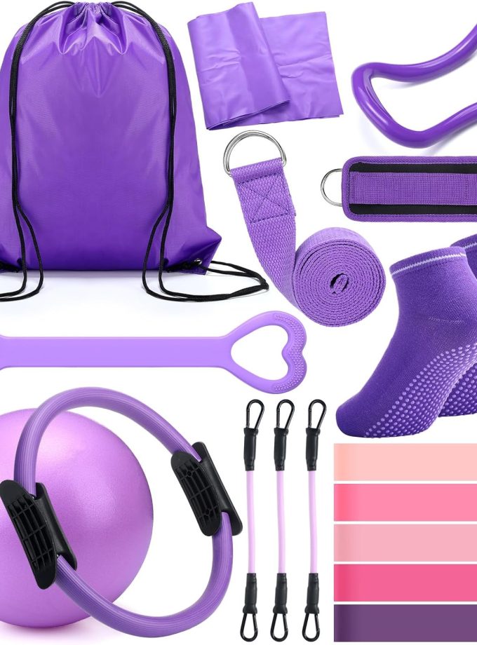 Pilates Ring Circle Set 18 Pcs Exercise Equipment Accessories for Women Workouts Pilates Ball Stretching Strap Magic Circle Yoga Ring Gym Back Bag Resistance Band Anti Slip Socks